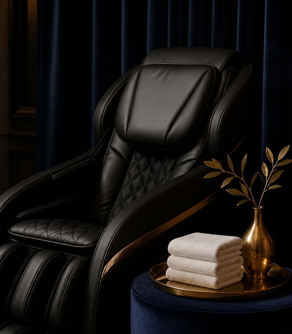 Professional massage chair with folded towels and a brass tray against navy velvet