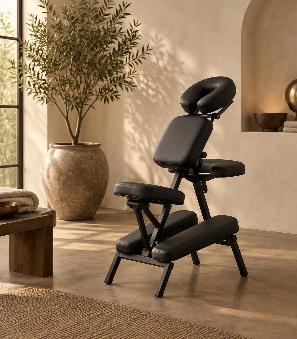 Black massage chair in a warm neutral room beside a potted olive tree